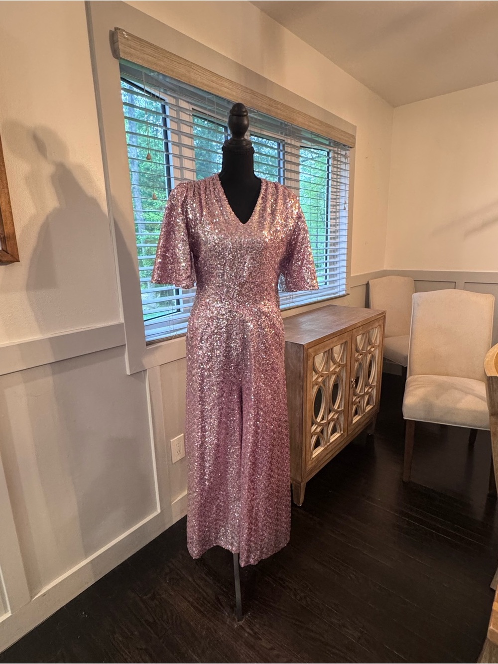 Sequin V-Neck Jumpsuit - Pink